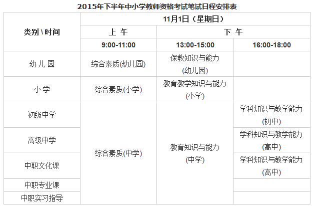 宁夏2015年下半年中小学教师资格考试笔试日程安排表