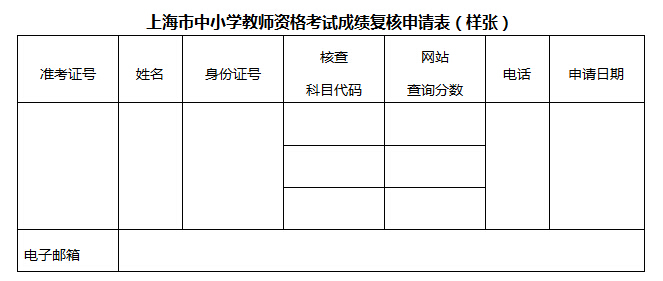 上海教师资格考试成绩复核申请表（样张）